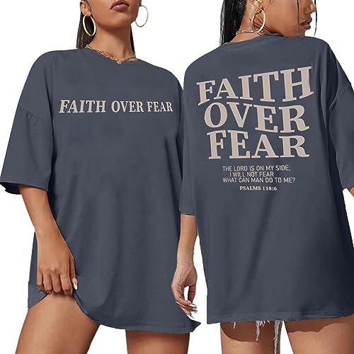 BANGELY Faith Over Fear Shirt Women Graphic Shirts Oversized Workout Gym Christian Religious Tees Drop Shoulder Tee Tops