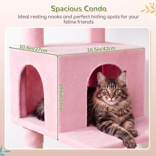 Image of Globlazer Extra Large Platform Cat Tree, 65in Sturdy Cat Scratching Tree for Indoor Cats Large Adult, Big Cat Perch Tower with 3 Padded Perches, 6 Scratching Posts, Cat Condo, Hammock, S65, Pink