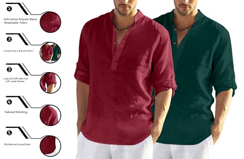 Image of Zombom Men's Combo Cotton Polyester Blend Solid Full Sleeve Straight Regular Fit Mandarin /Chinese Collor Kurta (Pack of 2)
