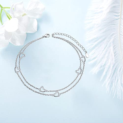 Image of Flyow Anklet for Women S925 Sterling Silver Adjustable Foot Beaded Heart Charm Ankle Bracelet Anklets Jewelry