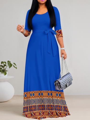 Image of PinkPatty Plus Size Maxi Dress for Women Casual V Neck 3 /4 Sleeve Boho Printed Long Dress with Pockets
