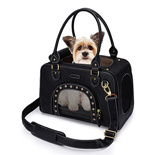 PetsHome Dog Carrier Purse, Pet Carrier Purse, Foldable Waterproof Premium Leather Pet Travel Bag Carrier with Shoulder Strap for Cat and Small Dog Home & Outdoor Small Black