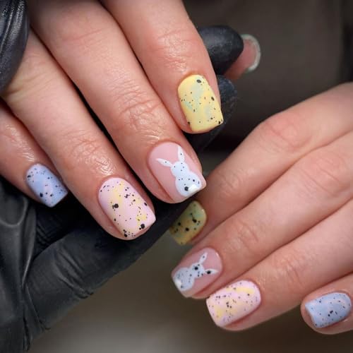 Easter Press on Nails Short Square Fake Nails Cute Bunny Glue on ...