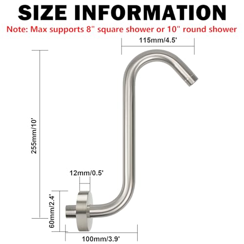 Image of NearMoon S Shaped Shower Head Riser Arm, Shower Extender Arm with Flange, Standard 1 /2 inch Connection- Bathroom Accessory (10 Inch, Brushed Nickel)