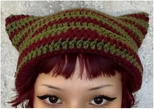 Cat Ear Beanie Y2K Striped Crochet Hat, Devil Stripes Winter