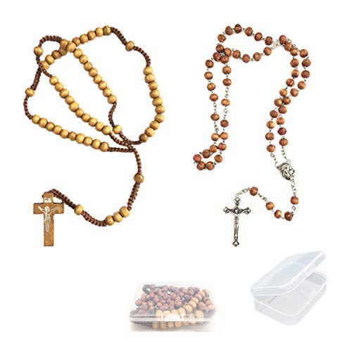 PPX 2 Pcs Madera de Olivo Tallada Cuentas oración Rosario católico Collar Suelo Santo Medalla y Cruz de Metal-con Caja Cover