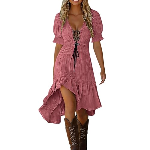 Image of Casual Puff Sleeve Dresses for Women UK Lace-up Front Plunge V-Neck Textured Dress with Shirred Smocked Waist Design Boho Swing Asymmetric Ruffle Hem Dress Beach Midi Sundress Hot Pink