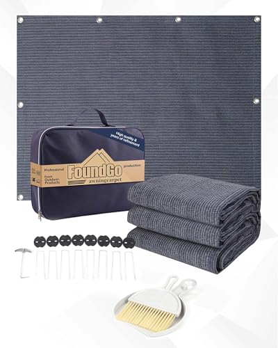 FoundGo Vorzeltteppich mit Ösen [280g/m HDPE] Camping Teppich Outdoor Vorzeltboden inkl. Tragetasche Stahlnägel & Kleiner Besen Blau/Grau 200x300cm