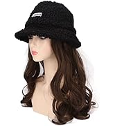 Black Wool Bucket Hat with Light Brown Long Curly Wig, Winter Warm Detachable Wig Bucket Hat with...