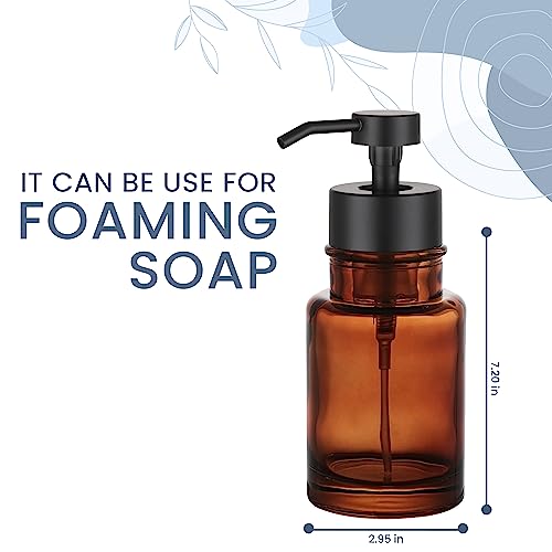 Image of H Halston Amber Glass Foaming Soap Dispenser, Hand Soap, for Kitchen and Bathroom Sink, Heavy Weight Modern Farmhouse Home Decor, Large Capacity Thick Glass Rustproof Pump, Refillable