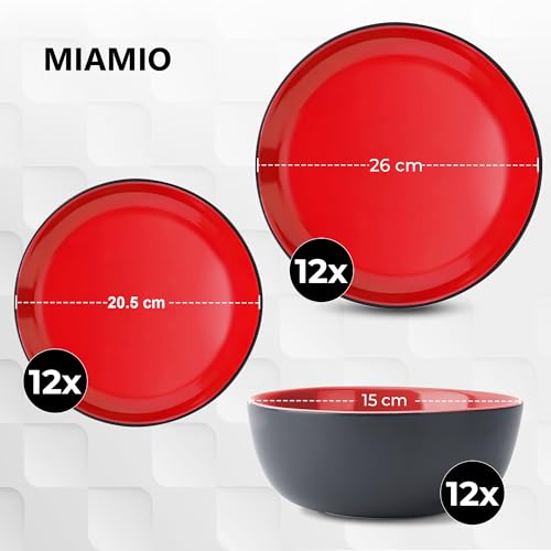 MIAMIO - Geschirrset 12 Personen/Steingut Geschirr Set 36-teilig, Tafelservice Steingut, Schüssel- und Teller Set - Spülmaschinen- und Mikrowellenfest - Le Papillon Kollektion (36 Teile Set)