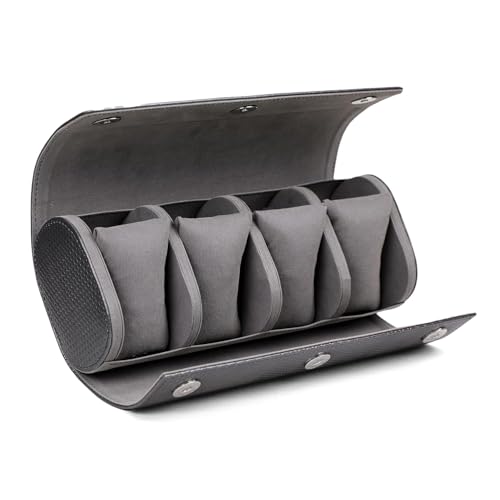 Image of faux Leather 4 Slot Watch Keeping Box for Men Women Watch Organizer Round Case Watch Holder Pouch for Travel with Lock and Cushion in Grey colour
