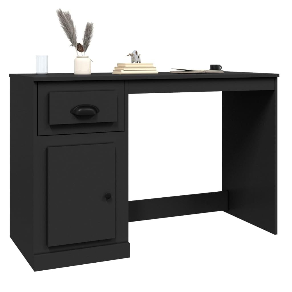 Escritorio negro 115 x 50 x 75 cm de madera con cajón y puerta, escritorio compacto para oficina en casa, habitación juvenil y espacios pequeños, diseño moderno de oficina