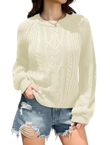 ZAFUL Women's Cable Knit Sweaters 2025 Crewneck Long Lantern Sleeve Pullover Ribbed Knitted Tops2