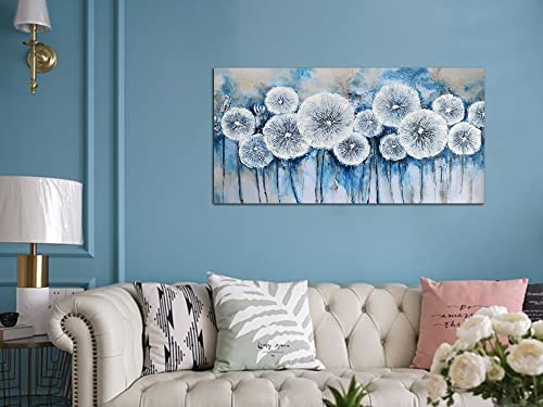 Acocifi Dandelion Canvas Wall Art Botanical Floral Flowers Picture White Abstract Painting Summer Turquoise Textured Artwork Framed For Living Room Bedroom Bathroom Nursery Office Home Decor 40"X20" #TOP1