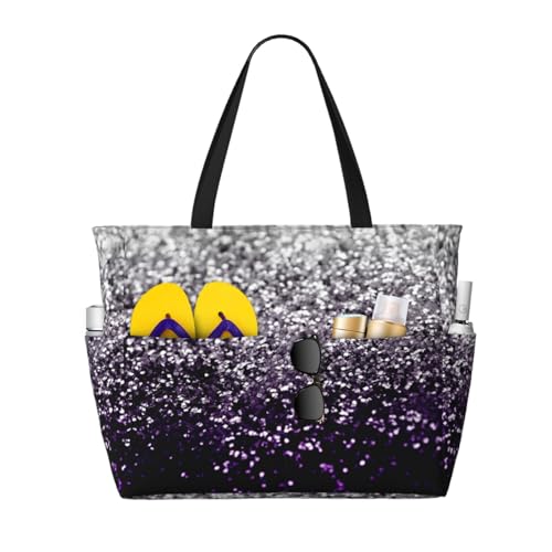 Sac à bandoulière paillettes grand cabas fourre-tout violet noir