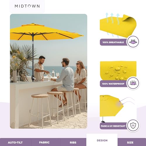 Image of Midtown Umbrellas - The Lean 9 Ft Patio Umbrella with 10-Year-No-Fade Acrylast Acrylic Fabric, Auto-Tilt and 8 Reinforced Ribs for Deck, Pool, Garden, Hotel & Cafes - Studio Yellow Canopy, Black Pole