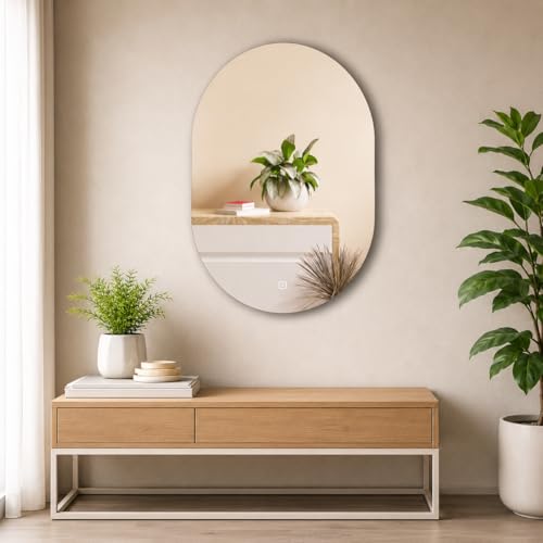 Image of Capsule-Shaped Frameless Wall Mirror (12x18 Inch) | Modern Decorative Bathroom & Bedroom Mirror | Wall-Mounted Vanity Mirror for Entryway & Living Room