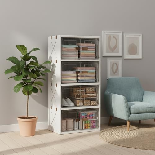 Image of House of Quirk 4 Layer Plastic Storage Box - Flip Storage Box, Foldable with 2 Door, Free Installation, Storage Wardrobe & Home Organizer (40cm, Transparent, Cream)