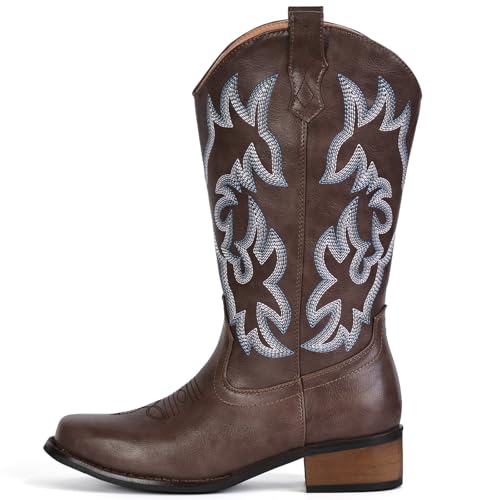 Image of IUV Cowboy Boots For Women Square Toe Wide Mid Calf Western Pull On Suede Fashion Black Brown Cowgirl Boots