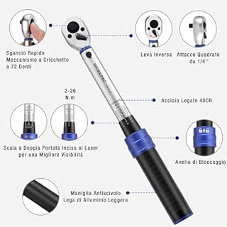 WORKPRO Chiave Dinamometrica da 1/4", Alta Precisione ±3%, 2-26 N·m, Set di Coppia da 14 Pezzi, Chiave a Cricchetto da 72 Denti, con Barra di Prolunga, per Auto, Bicicletta e Moto