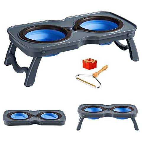 Portable Raised Dog Bowl for Small to Medium Dogs, Elevated Dog Food Water Stand Feeder With 2 Collapsible Bowls and Non Slip Feet, Pet Travel Bowl for Indoor and Outdoor Activity (Blue) Cover