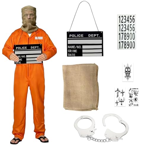 Mino Plus disfraz de prisionero,Disfraz de prisión naranja para hombre y mujer adultos,con accesorios de convicto, cosplay, Halloween, carnaval (B, M)