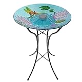 Teamson Home Handpainted Dragonfly Fusion Glass Solar Birdbath Bowl Feeder with LED Light for Outdoor Patio Garden Backyard Decking Decor, 21 Inch Height, Light Blue