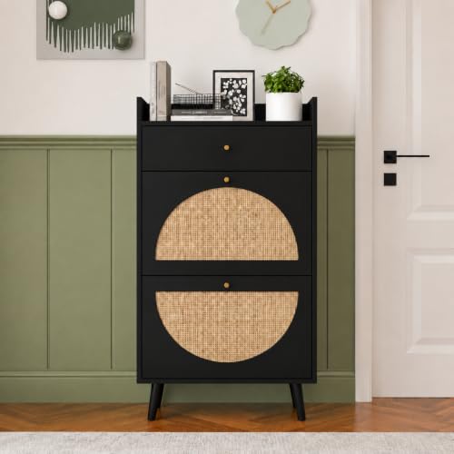 Rattan Shoe Cabinet with 2 Semi-Circular Flip Doors, Narrow Freestanding Shoe Storage Organizer, Double Layer Hidden Shoe Rack for Entryway Hallway