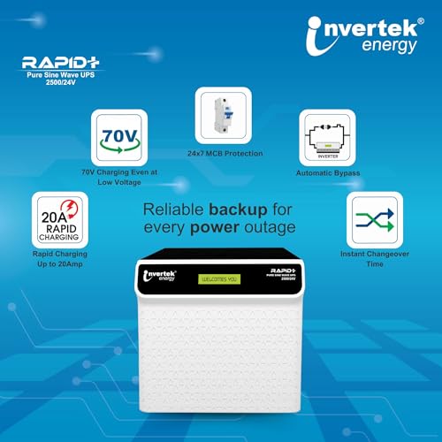 Image of Rapid +2500 /24V |Pure Sine Wave UPS 2200 VA | Support 2 Battery Inverter for Home, Office,Shops | 36 Months Warranty |Fast Charging |LCD Display |Automatic Bypass |24X7 MCB Protection