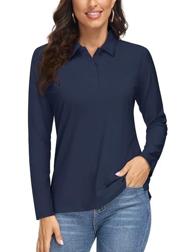 Magcomsen Women'S Long Sleeve Polo Shirts Quick Dry Athletic Collared Golf Tops For Work Upf 50+ Moisture Wicking Navy
