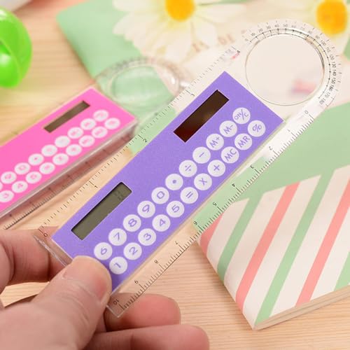 Sanfoelek - 1 regla de 10 cm, calculadora multifunción ultrafina de energía solar para niños, suministros escolares y de oficina, color aleatorio