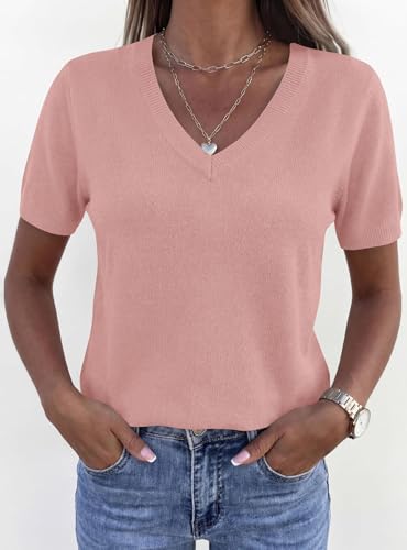 PRETTYGARDEN Womens Short Sleeve Sweaters V Neck Business Casual Tops Lightweight Sweater Shirts 2026 Summer Spring Outfits (Dusty Pink,Small) — view 5