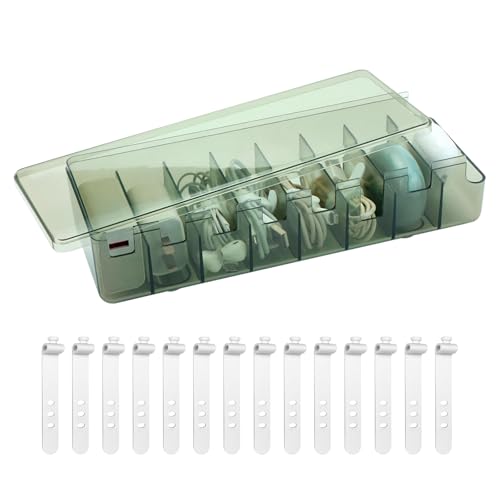 Organizador Cables, Caja Organizadora Cables, Caja Almacenamiento Cables con 8 Compartimentos y 14 Sujetacables, para la Gestión de Cables de Escritorio Cargador y Organización de Cables de Carga