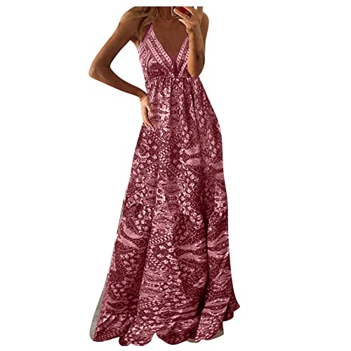 Satin Kleid Wickelkleid Damen Abschlussballkleid Drucken V-Ausschnitt SpaghettiträGer RüCkenfrei Bodenlang Kleid ÄRmellos Hohe Taille Einfarbig...