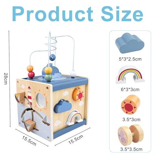 Fervalyna Motorikwürfel, Motorikspielzeug, 6 In 1 Activity Würfel, Motorikschleife, Montessori Würfel, Motorikspielzeug Holz, Montessori Motorikwürfel, Aktivitätswürfel für Kinder ab 12 Monaten