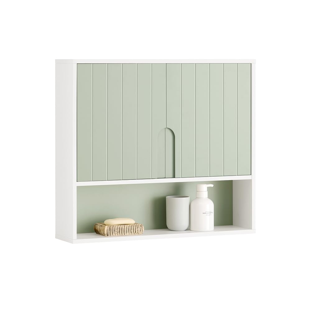 SoBuy Meuble Salle de Bain Suspendu Vert Sauge, Armoire Murale avec Étagère, Rangement Suspendu Gain de Place, Armoire Pharmacie, Meuble Dessus WC 60 × 54 × 15 cm BZR140-GR