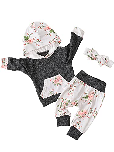 Image of Newborn Baby Girl Clothes Outfits Infant Hooded Sweatshirt Pants Headband Toddler Girl Clothing Set Grey