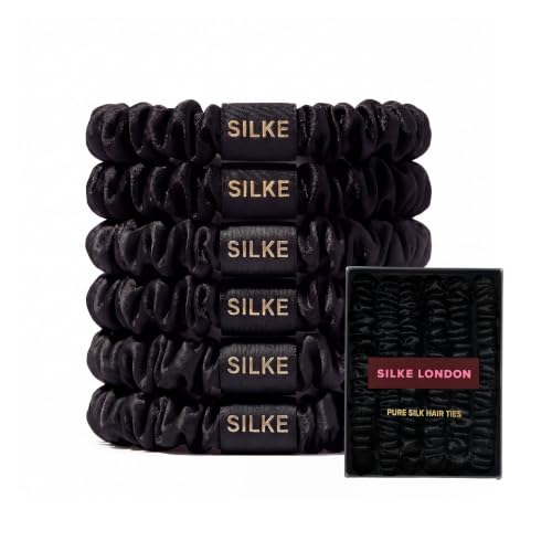 Image of SILKE London 100% Mulberry Silk Hair Ties for Women- Set of 6 Skinny Silk Scrunchies & Hair Bobbles - Strong Hold, No Tugging, Less Breakage & No Dents - 22 Momme, All Hair Types