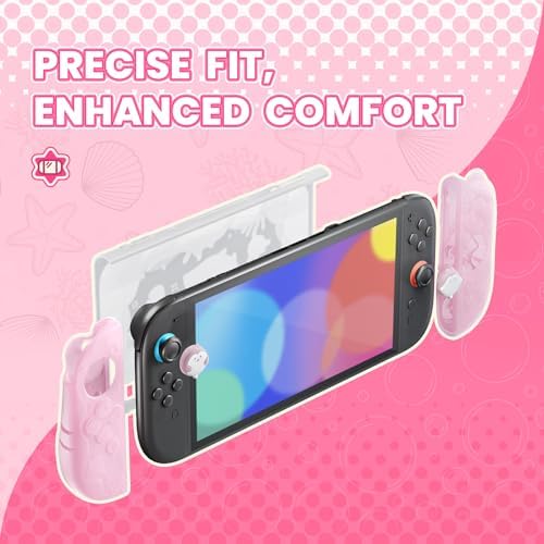 PlayVital Protective Case for Nintendo Switch 2, Kawaii Ocean Whisper Series Dockable Hard Shell Case + Silicone Grips for Switch 2 with Thumb Grips & Sticker, Shockproof Protection Cover - Peach Pink — view 3