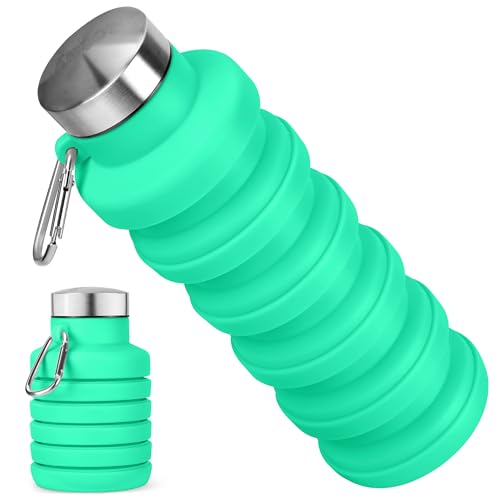 Rotayi Collapsible Water Bottle, 16oz Portable Reusable Silicone Water Bottle, BPA-Free Leak-Proof Foldable Design with Carabiner, Lightweight Durable for Gym, Travel, Camping, Hiking, Sports-Green