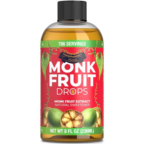 100% Pure Monk Fruit Extract (6 Drops = 1 Tsp of Sugar) Zero Calories, Non-GMO, No Fillers - Liquid Monk Fruit Sweetener No Erythritol by Transparency Foods NEW FORMULA (8oz, 786 servings)