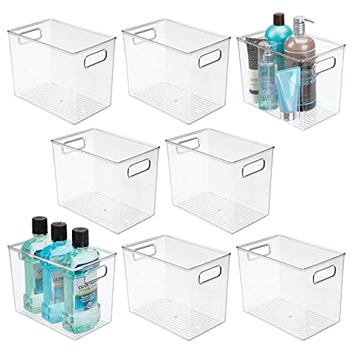 mDesign Plastic Deep Bathroom Storage Bin with Handles for Organizing Soaps, Shampoos, Conditioners, Body Wash, Serums, Oils, First Aid, Vitamins, Supplements - Ligne Collection, 8 Pack - Clear