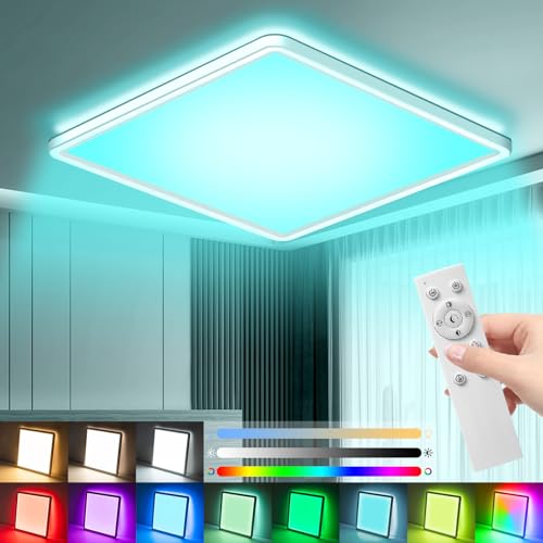 Sentasi 24W Plafoniera LED Soffitto Dimmerabile con Telecomando,7 Variazioni di Colore RGB, Temperatura di Colore 3000K/4000K/6500K Regolabile,Plafoniera LED Ultrasottile 3200LM