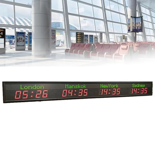 XRSMOU Horloge des Fuseaux Horaires Mondiaux, Horloge Murale Numérique À LED, Réglage De La Luminosité, Heure Mondiale De 4 Villes, Facile À Utiliser, pour Hôtels, Bureaux