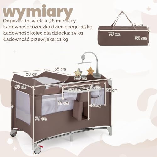 COSTWAY Łóżko pomocnicze 5 w 1, składane, łóżko turystyczne z materacem | 2-poziomowe łóżeczko dziecięce z rolkami, łuk
