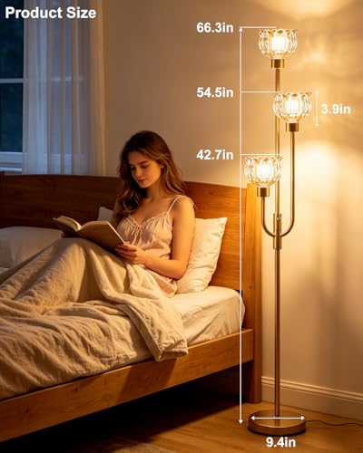 Image of 3-Lights Modern Glass Floor Lamp 66IN Gold Dimmable Floor Lamps with 3000K Warm White Bulbs for Wedding Party Tall Standing Lamp with Amber Glass Shade for Living Room /Bedroom /Girls Room