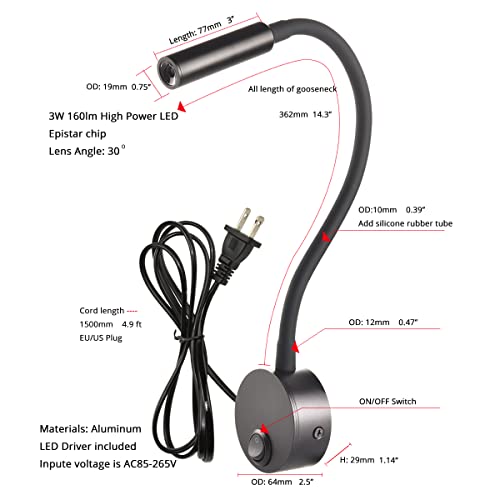 Image of Black Bed Reading Lamp, Wall Mounted 25Focus Light with 6000K Pure White LED, AC85-265V Adjustable Neck Task Lamp for Bedside, Dorm Bunk Bed, Studio, Marine,Hospital & Hotel, 4.92ft Cord