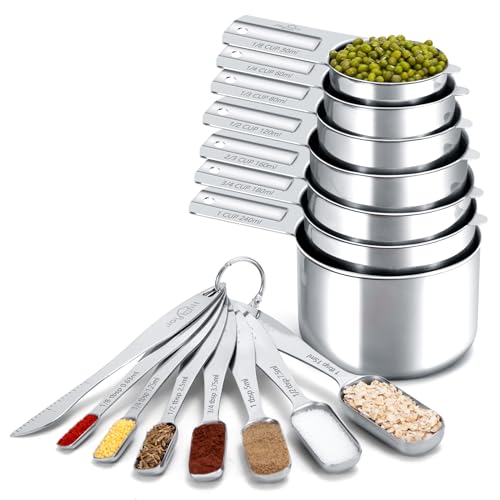 Joyhill Measuring Cups and Spoons Set of 15 Piece, Metal Stainless Steel Measuring Cups and Spoons Set for Baking Cooking, Dry and Liquid Ingredients