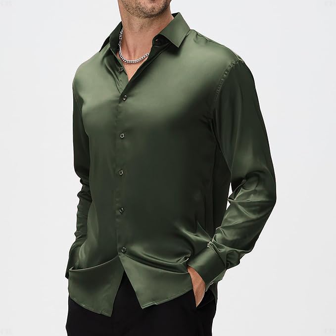 Image of CB-COLEBROOK Mens Stylish Solid Silk Satin Casual Dress Shirts for Men Shiny Long Sleeve Button Down Shirt Party Prom Wedding Shirt for Mens